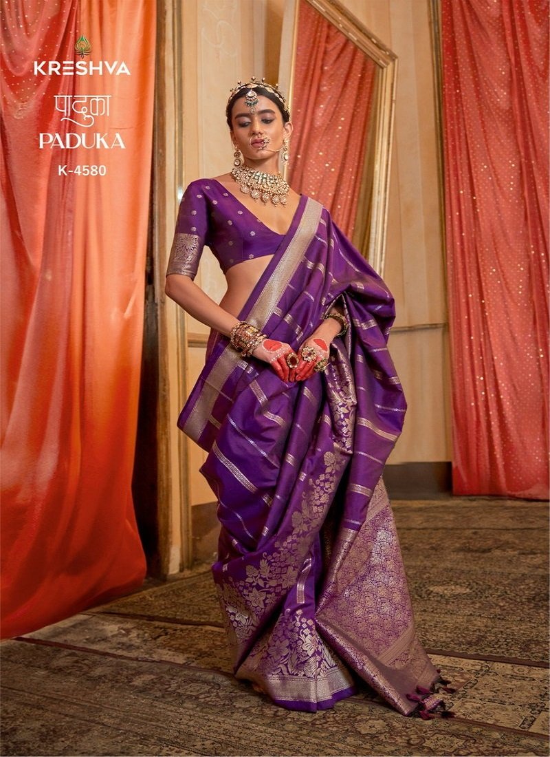 Purple Colour Paduka By Kreshva Spanish Silk Surat Occasion Wear Saree K 4580